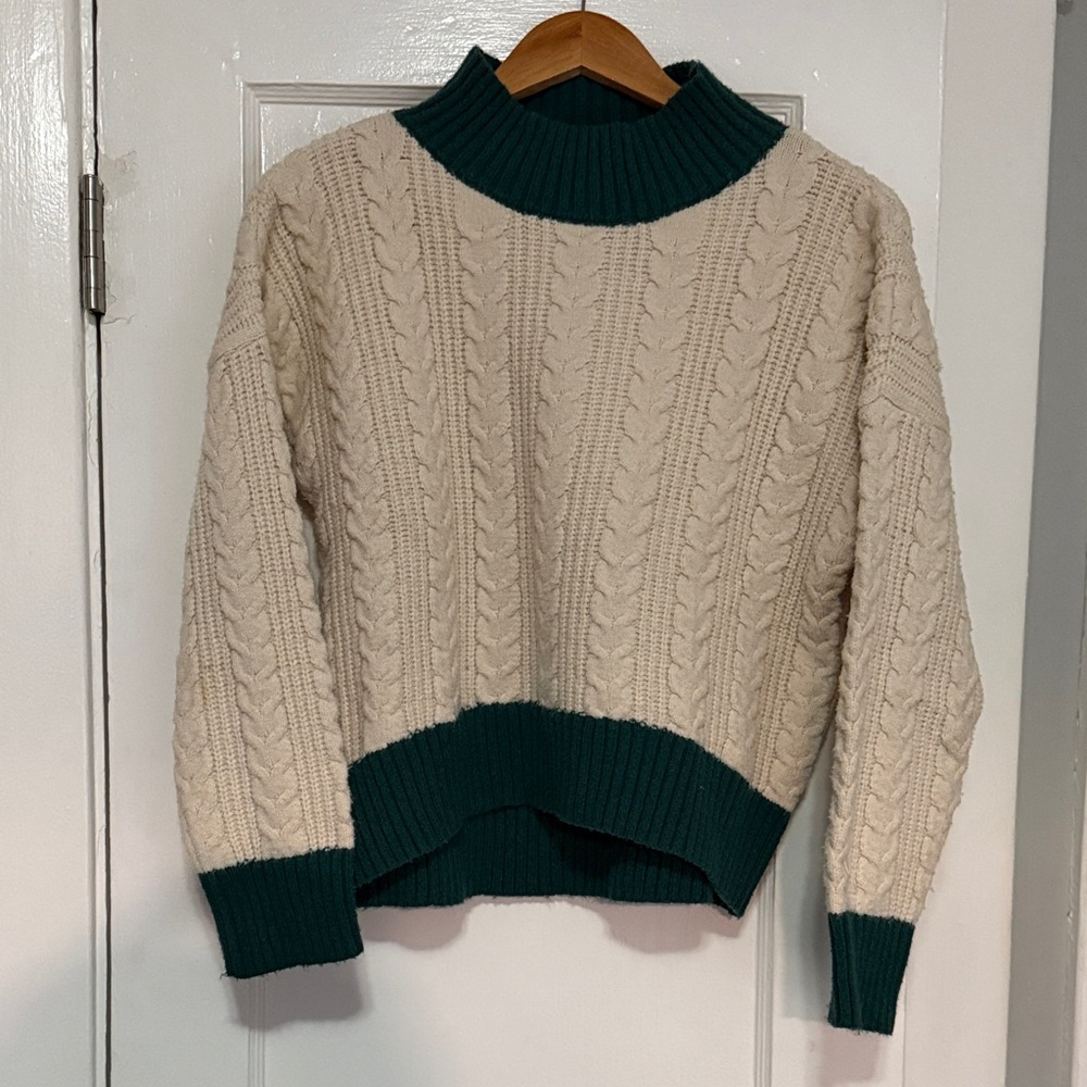 J.O.A. Cream and Green Cable Knit Turtleneck Sweater
